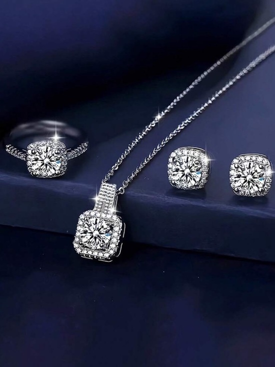 Jewelry - 🪷 Sparkling Silver Cubic Zirconia Necklace, Ring & Earrings Set